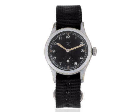 Record. A chrome plated manual wind military issue wristwatchDate: Circa 1945Movement: Jewelled Cal.022K manual windDial: Bla