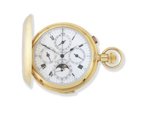 H. Brooks, 40 Fenchurch Street. An 18K gold keyless wind triple calendar quarter repeating chronograph pocket watch with moon