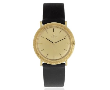 Omega. An 18K gold manual wind wristwatchDate: London Hallmark for 1965Movement: 17-jewel Cal.620 pink gilt manual wind, adju