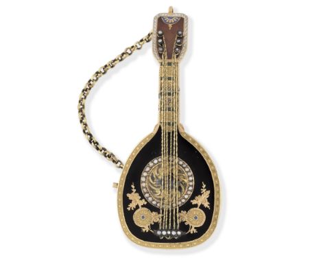 A fine and rare continental gold key wind concealed watch in the form of a mandolin with polychrome enamel decorationDate: Ci