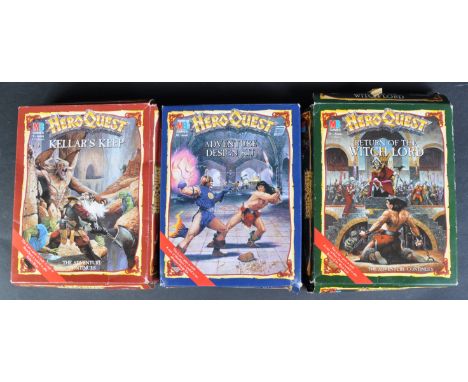 Three original vintage MB Games / Games Workshop ' Hero Quest ' tabletop fantasy role-playing game expansion packs comprising