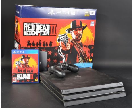 PlayStation 4 pro matte black gaming console. Including; One controller and Red Dead Redemption 2. This console is 4K ready a