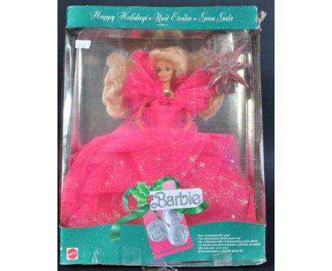 An original vintage 1990s (1991) Mattel Barbie doll No. 4098 Happy Holidays Barbie. The doll dressed in a layered pink fuchsi