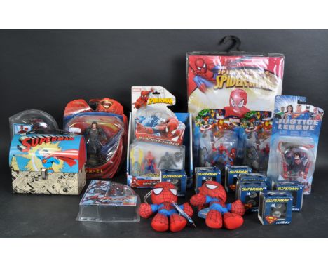 A collection of assorted Marvel and DC Spiderman and Superman action figures and memorabilia to include various Hasbro and Ma