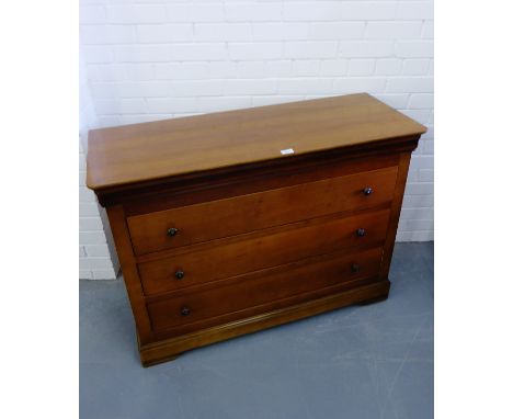 A contemporary mahogany chest of drawers having a moulded top over secret drawer and three graduating drawers raised on brack