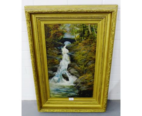 Mountain Waterfall Oil on panel Signed with initials DM in unglazed giltwood frame 35 x 60cm 