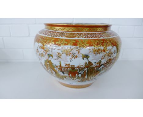 Large Japanese Kutani planter, finely painted with female figures at leisure wit foliate gilt and iron red reserves, with six