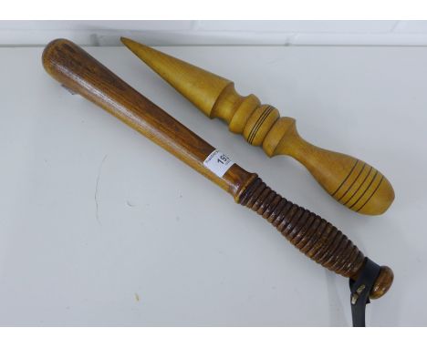 A truncheon and a turned wood sewing / knitting tool (2)  