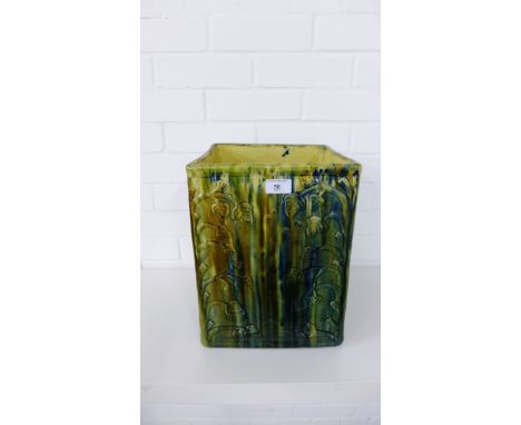 19th century majolica leaf embossed twin handled planter of rectangular form, likely Scottish (restored) 35cm high 