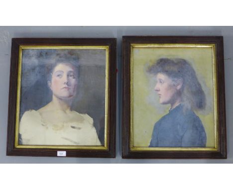 A companion pair of female portrait oil on panels, each in glazed oak frames (2) 40 x 45cm 