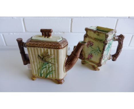 19th century majolica rectangular teapot and cover, the body modelled as bamboo and with bird and foliage pattern in relief, 