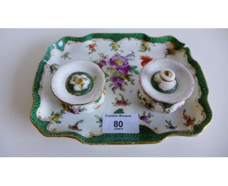 19th century Dresden porcelain inkstand, painted flowers to a white ground with green scale reserves (damages)  