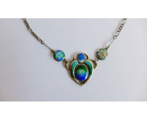 Art Nouveau style blue and green enamel and white metal pendant on a fancy silver link chain necklace 