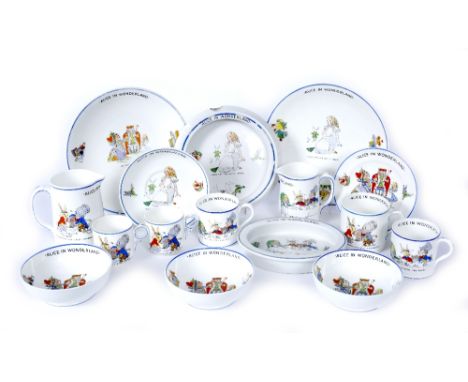 A MATCHED PART SERVICE OF HAMMERSLEY ALICE IN WONDERLAND TEAWARES AND NURSERY CHINA, c.1920'2-1930's, printed with titled sce