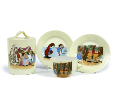 A RARE EARLY 20TH CENTURY GERMAN PORCELAIN MARTIEN LEVIEN PRESERVE JAR AND COVER, printed with a scene with Alice, the Duches