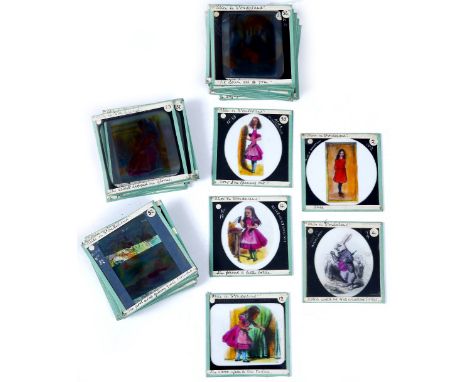 A LARGE COLLECTION OF GREEN EDGED ALICE IN WONDERLAND COLOURED LANTERN SLIDES, mainly part sets, including Tenniel/Dalziel, S