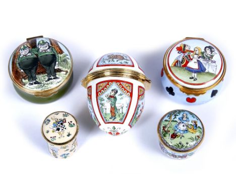 A COLLECTION OF FIVE ENAMEL ALICE IN WONDERLAND BOXES COMPRISING: three various Halcyon Days examples, all boxed, another by 