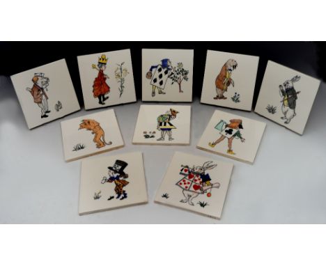 *A SET OF CERAMIC TILES, made by Minton, Dunsmore Voysey. 6" square. Cream background with Tenniel Illustrations of Character