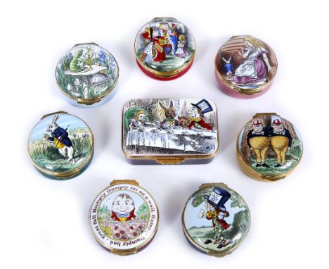A COLLECTION OF EIGHT CRUMMLES & CO ENAMEL ALICE IN WONDERLAND BOXES, one rectangular and seven circular, all boxed with cert