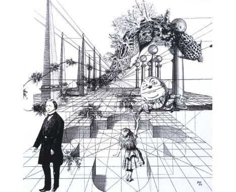 M. H. Architectural study with Lewis Carroll, Alice and Humpty Dumpty, signed with initials and dated '99, ink on acetate, 26