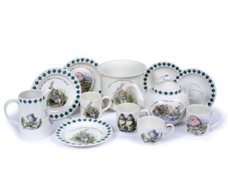 A POOLE POTTERY 'MAD HATTER'S TEA PARTY' PART TEA SET, printed with inscriptions and scenes after Tenniel, comprising teapot 