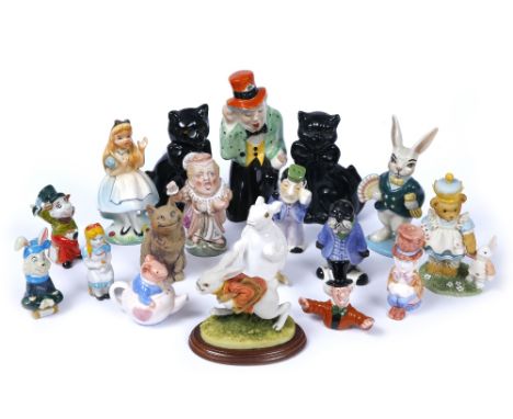 A COLLECTION OF ALICE IN WONDERLAND CERAMIC FIGURES TO INCLUDE: a continental porcelain Mad Hatter and Duchess, other charact