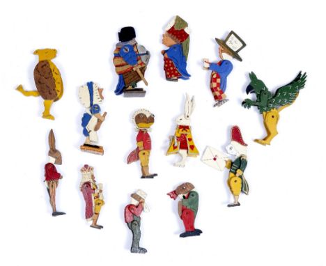 A COLLECTION OF RARE 1920'S TALFORD TOYS ALICE IN WONDERLAND PAINTED AND ARTICULATED PLYWOOD FIGURES, comprising Mad Hatter, 