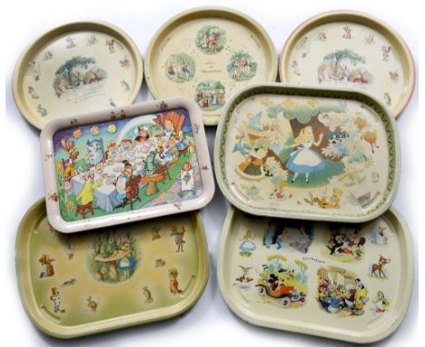 A VINTAGE ALICE IN WONDERLAND PRINTED RECTANGULAR TIN TEA TRAY, 40.5cm long; another similar printed with 'Gems from Disney';