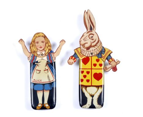 TWO RARE 1930'S TOFFEE TINS, modelled as Alice and the White Rabbit by J Lyons & Co. Ltd, with articulated cardboard heads an