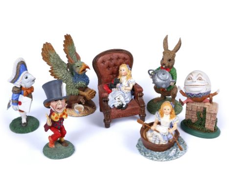 A COLLECTION OF SEVEN GOEBEL RESIN ALICE IN WONDERLAND FIGURES COMPRISING: Alice in rowing boat, Alice on chair, the March Ha