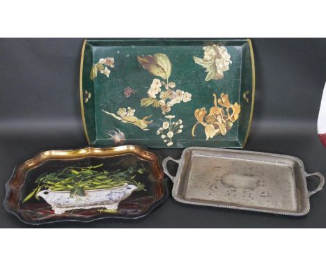 Three vintage trays. One two handed silver plated tray with engraved scrolling foliate design, a wooden decoupage tray with f