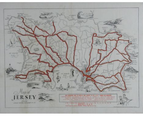 A framed and glazed vintage map of Jersey by the Jersey Transport Company. With illustrated details. Published by New Centuri