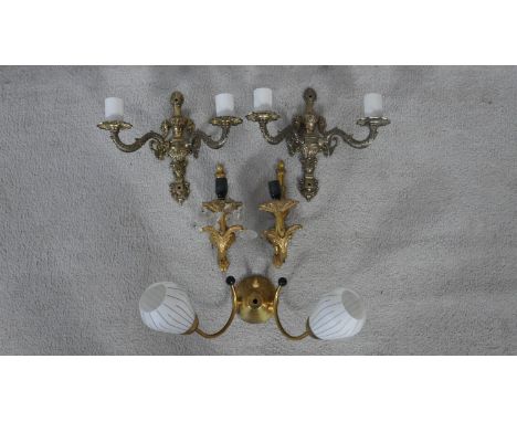 A pair of metal twin branch wall sconces, a pair of gilt metal Rococo sconces and a vintage twin branch wall light. W.40cm (L