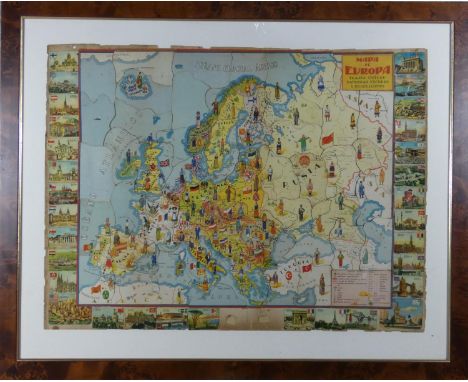 A framed and glazed vintage coloured jigsaw puzzle of 'Mappa de Europa' trajes tipicos banderas escudos y producciones, made 