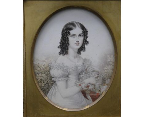 A 19th century watercolour portrait miniature, the Hon. Frederica Selina Law Rowe, label to the reverse, unsigned, in giltwoo