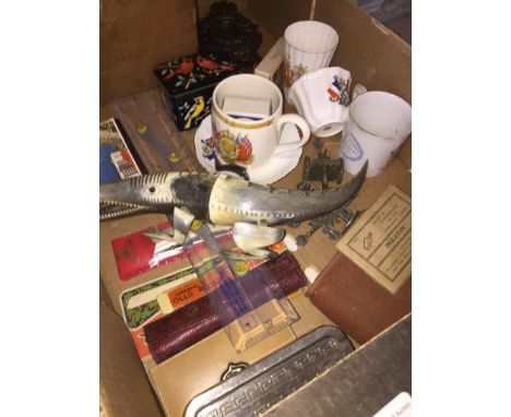A box of misc collectables to include billiard balls, Optimus No 45 brass stove, bone animal, Royal memorabilia, matches, a V