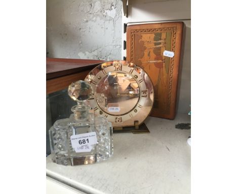 1930s art deco glass clock, cut glass scent bottle, and carved box 