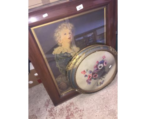 A print portrait of a child and 2 circular still lifes. 