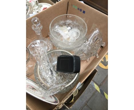 Box of mainly glassware with a Royal Doulton plate and a Canon camera 