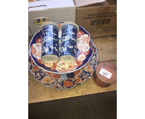 2 Oriental plates, a bowl, 2 Kangxi vases and a papermache Oriental box. 