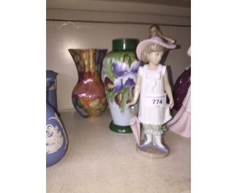 Nao figure, glass vase and pottery vase 