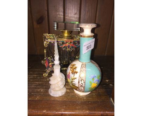 A large gilt metal enamel glass scent bottle and 2 others 