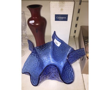 A boxed Caithness Ebony vase in red, 25cm high, and Chance glass large Arctic handkerchief glass 
