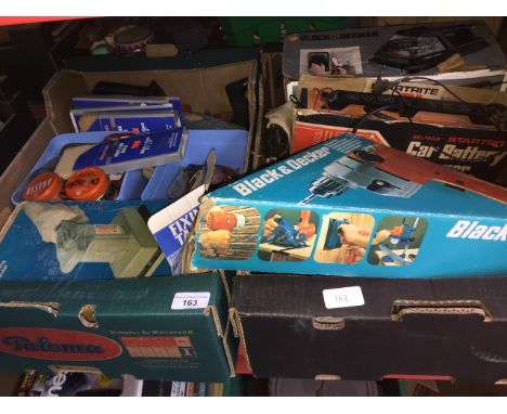 2 boxes of various tools and other items to include Selmar car battery charger, Black &amp; Decker 2 speed drill, Black &amp;