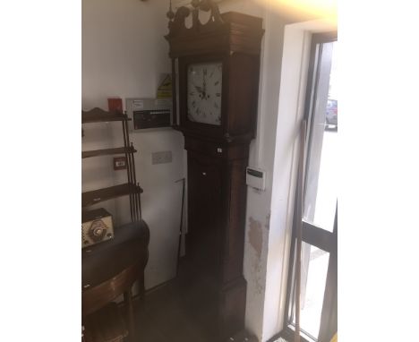 A 19th century inlaid mahogany long case clock, the painted white enamel dial signed Ramsy Lawson, Hindley, brass four pillar