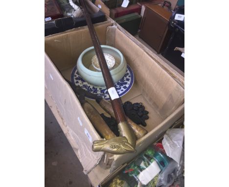 A box of misc to include pair of garden shears, cast metal ornaments, pottery, - no walking stick