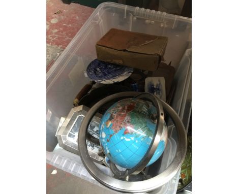 Plastic box of misc items inc a globe, metalware etc. 