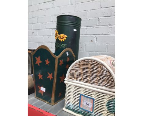 2 stick stands and a wicker basket of haberdashery 