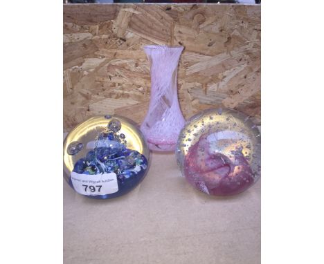 Caithness glass comprising two paperweights and a vase. 