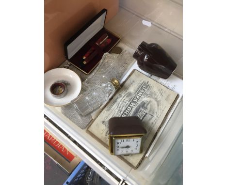 A mixed lot comprising a printing plated, pens, clock, etc. 
